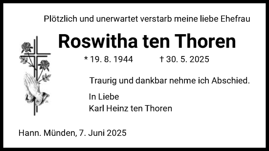 Todesanzeige von Roswitha ten Thoren von HNA