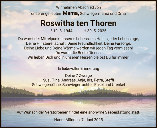 Todesanzeige von Roswitha ten Thoren von HNA