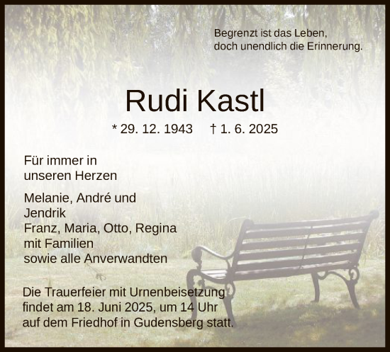 Todesanzeige von Rudi Kastl von HNA
