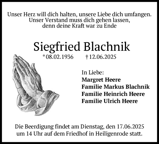 Todesanzeige von Siegfried Blachnik von HNA