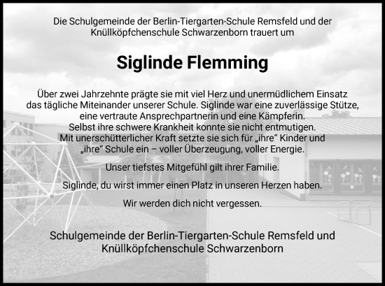 Todesanzeige von Siglinde Flemming von HNA