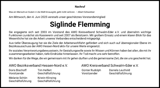 Todesanzeige von Siglinde Flemming von HNAHNAHNAHNA