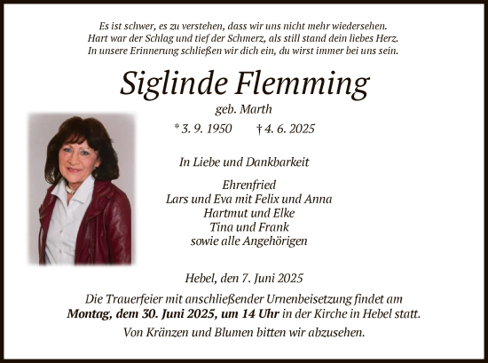 Todesanzeige von Siglinde Flemming von HNA