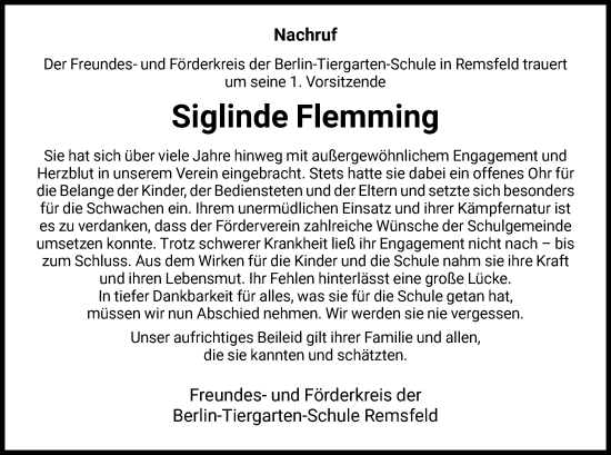 Todesanzeige von Siglinde Flemming von HNA