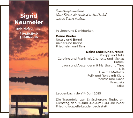 Todesanzeige von Sigrid Neumeier von HNA