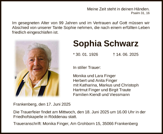 Todesanzeige von Sophia Schwarz von HNA