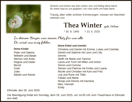Todesanzeige von Thea Winter von HNA