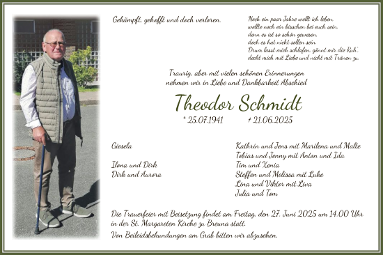 Todesanzeige von Theodor Schmidt von HNA