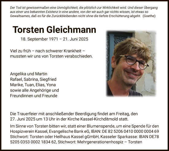 Todesanzeige von Torsten Gleichmann von HNA