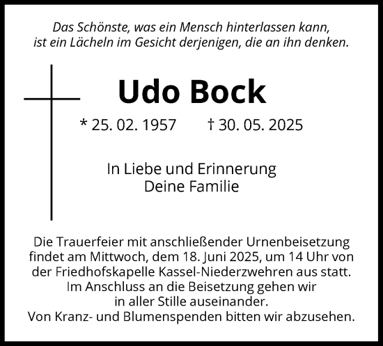 Todesanzeige von Udo Bock von HNA