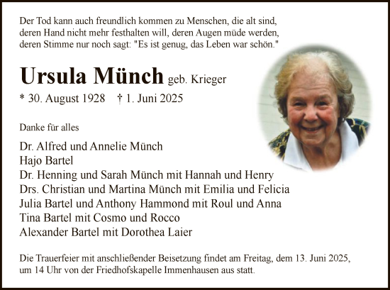 Todesanzeige von Ursula Münch von HNA