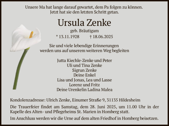 Todesanzeige von Ursula Zenke von HNA