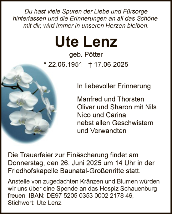 Todesanzeige von Ute Lenz von HNA