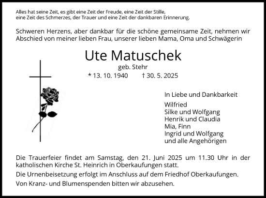 Todesanzeige von Ute Matuschek von HNA