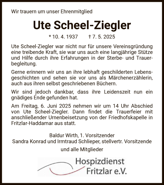 Todesanzeige von Ute Scheel-Ziegler von HNA