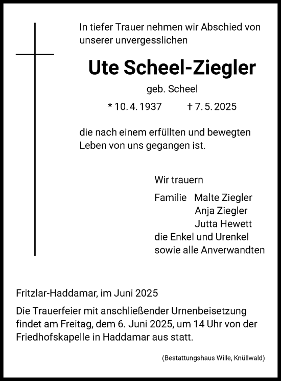 Todesanzeige von Ute Scheel-Ziegler von HNA