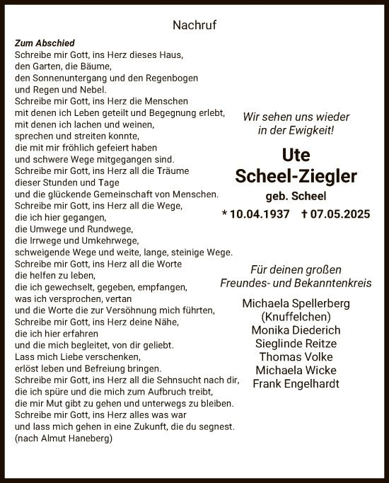 Todesanzeige von Ute Scheel-Ziegler von HNA