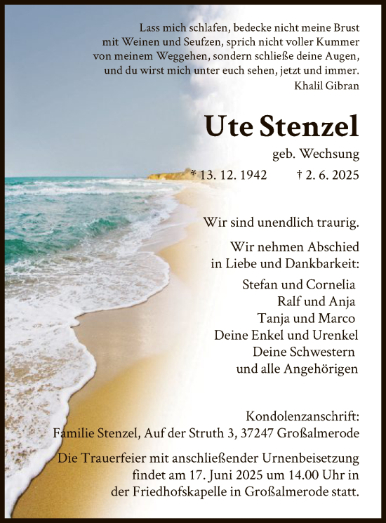 Todesanzeige von Ute Stenzel von HNA