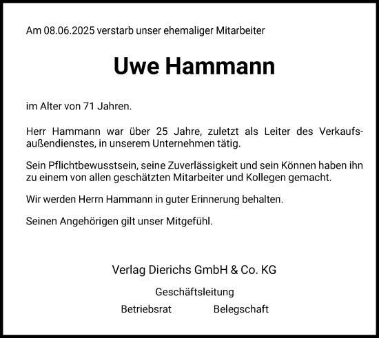 Todesanzeige von Uwe Hammann von HNA