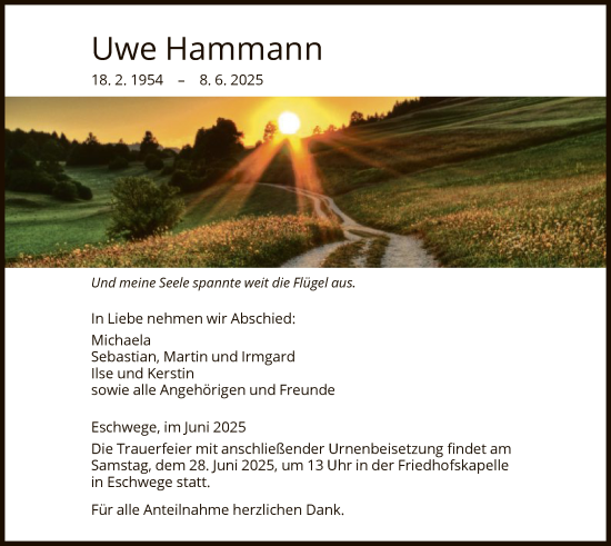 Todesanzeige von Uwe Hammann von HNA