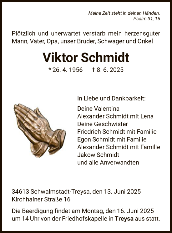 Todesanzeige von Viktor Schmidt von HNA