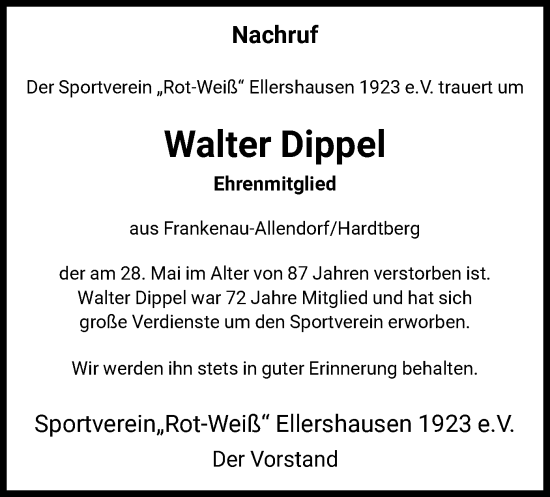 Todesanzeige von Walter Dippel von HNA