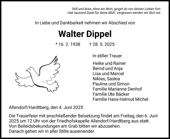Todesanzeige von Walter Dippel von HNA