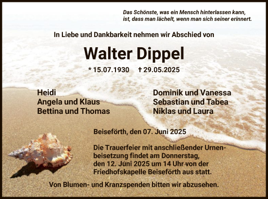 Todesanzeige von Walter Dippel von HNA