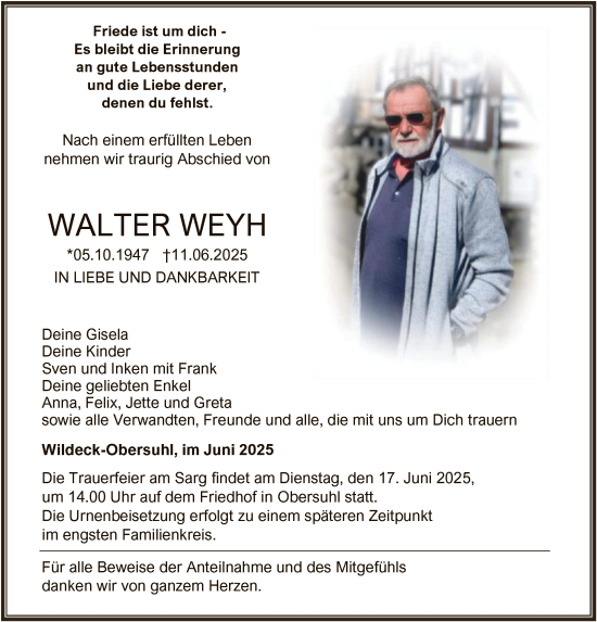 Todesanzeige von Walter Weyh von HNA