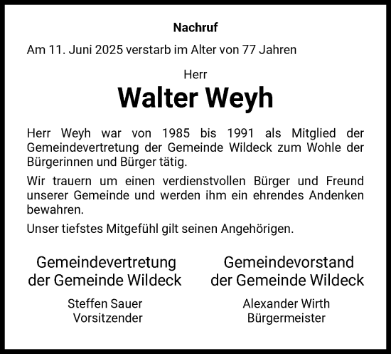 Todesanzeige von Walter Weyh von HNA