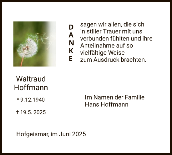 Todesanzeige von Waltraud Hoffmann von HNA