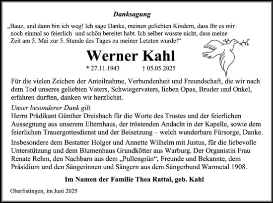 Todesanzeige von Werner Kahl von HNA