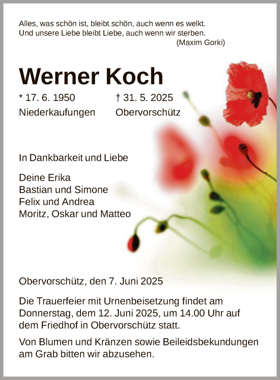 Todesanzeige von Werner Koch von HNA