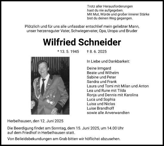 Todesanzeige von Wilfried Schneider von HNA