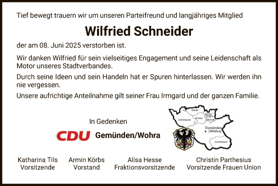 Todesanzeige von Wilfried Schneider von HNA