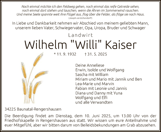 Todesanzeige von Wilhelm Kaiser von HNAHNA