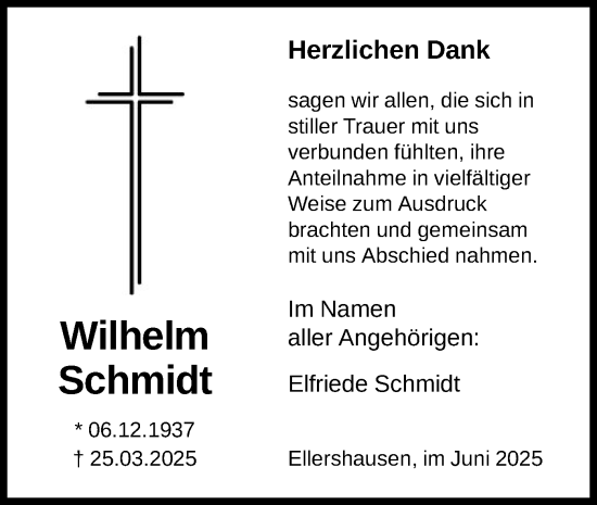 Todesanzeige von Wilhelm Schmidt von HNA