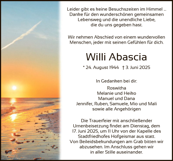 Todesanzeige von Willi Abascia von HNA