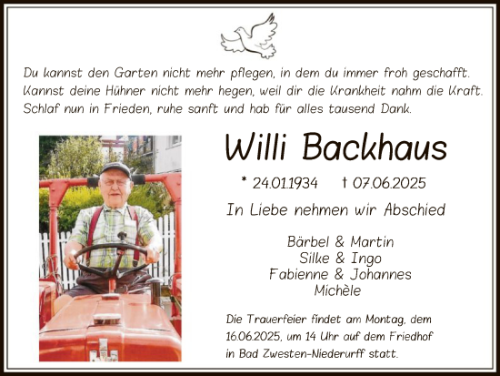 Todesanzeige von Willi Backhaus von HNA
