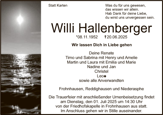 Todesanzeige von Willi Hallenberger von HNA