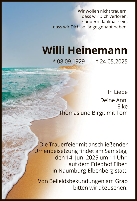 Todesanzeige von Willi Heinemann von HNA