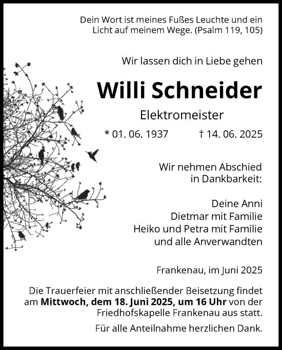 Todesanzeige von Willi Schneider von HNA