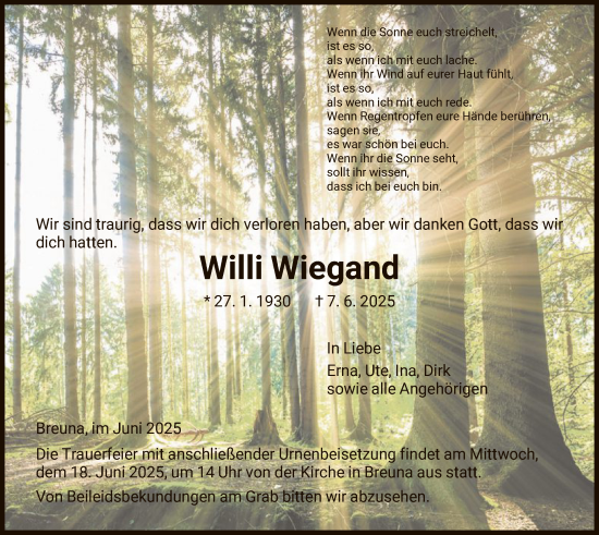 Todesanzeige von Willi Wiegand von HNA