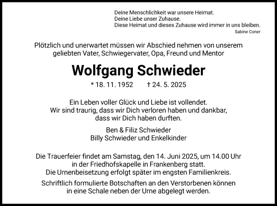 Todesanzeige von Wolfgang Schwieder von HNA