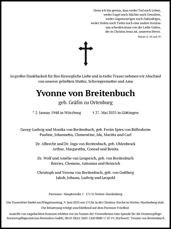 Todesanzeige von Yvonne von Breitenbuch von HNA