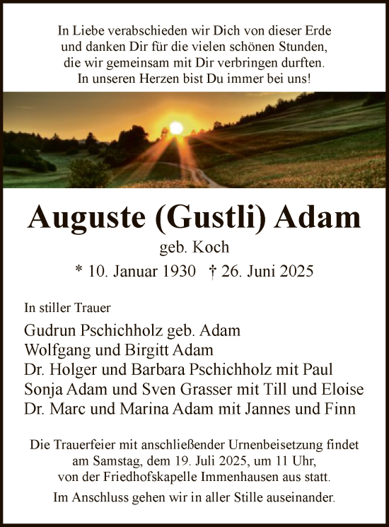 Todesanzeige von Auguste Adam von HNA
