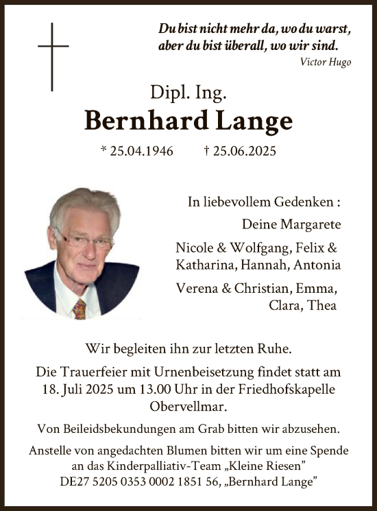 Todesanzeige von Bernhard Lange von HNA