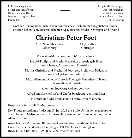 Todesanzeige von Christian-Peter Foet von HNA