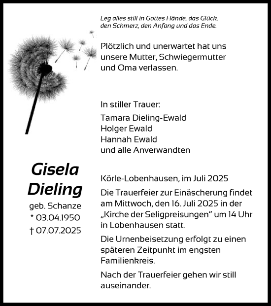 Todesanzeige von Gisela Dieling von HNA