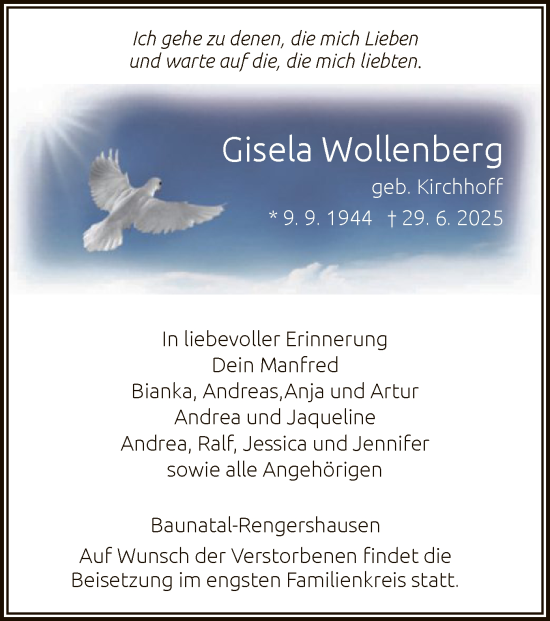 Todesanzeige von Gisela Wollenberg von HNA